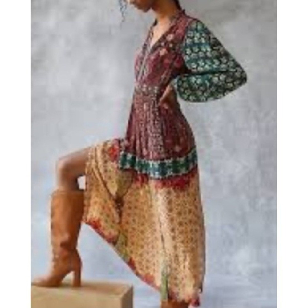 Anthropologie BHANUNI by JYOTI Dress 2 Bead Embroidered Brown Aqua Orange Batik